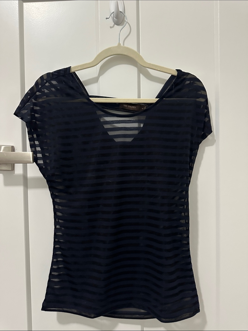 The Limited Navy Sheer Striped V-Neck Blouse